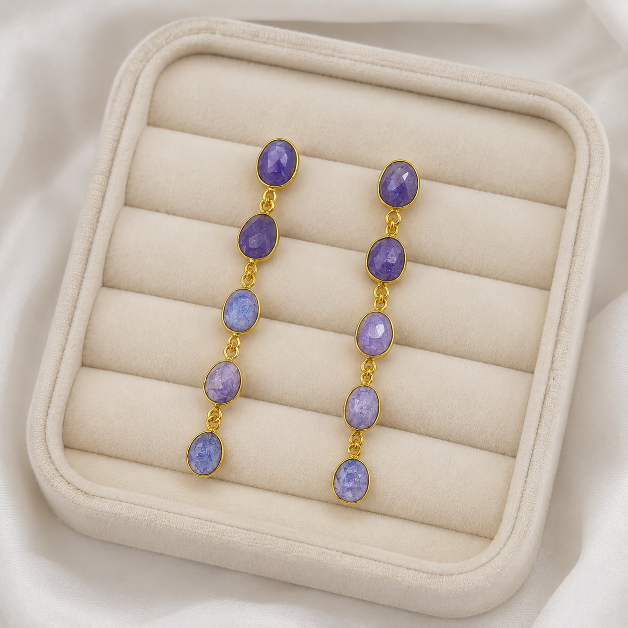 Azure Horizon Linear Dangle Earrings – Gold Plated Periwinkle Stone Statement Drops