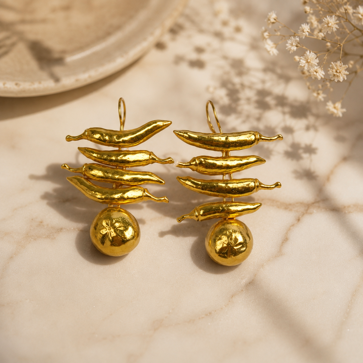 Talismanic Chilli Cluster Earrings – 18K Gold Plated Sculptural Drop Earrings
