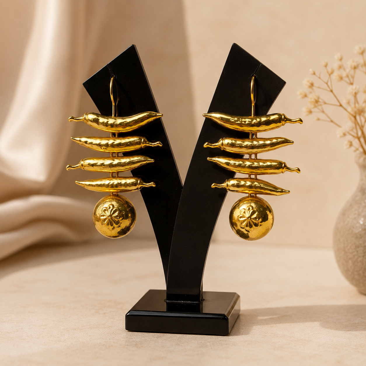 Talismanic Chilli Cluster Earrings – 18K Gold Plated Sculptural Drop Earrings