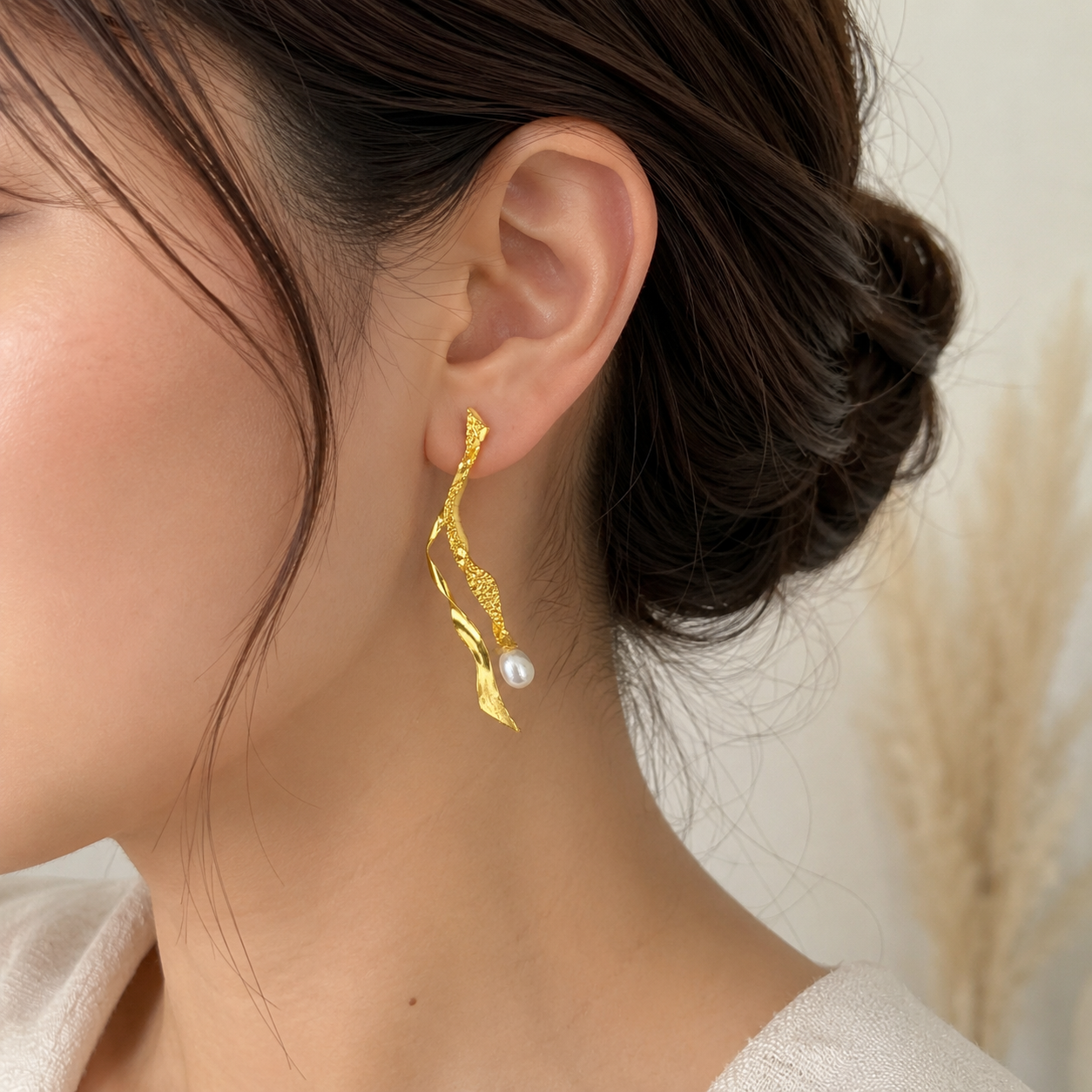 Siren Textured Pearl Drops – 18K Gold Plated Sculptural Baroque Drop Earrings