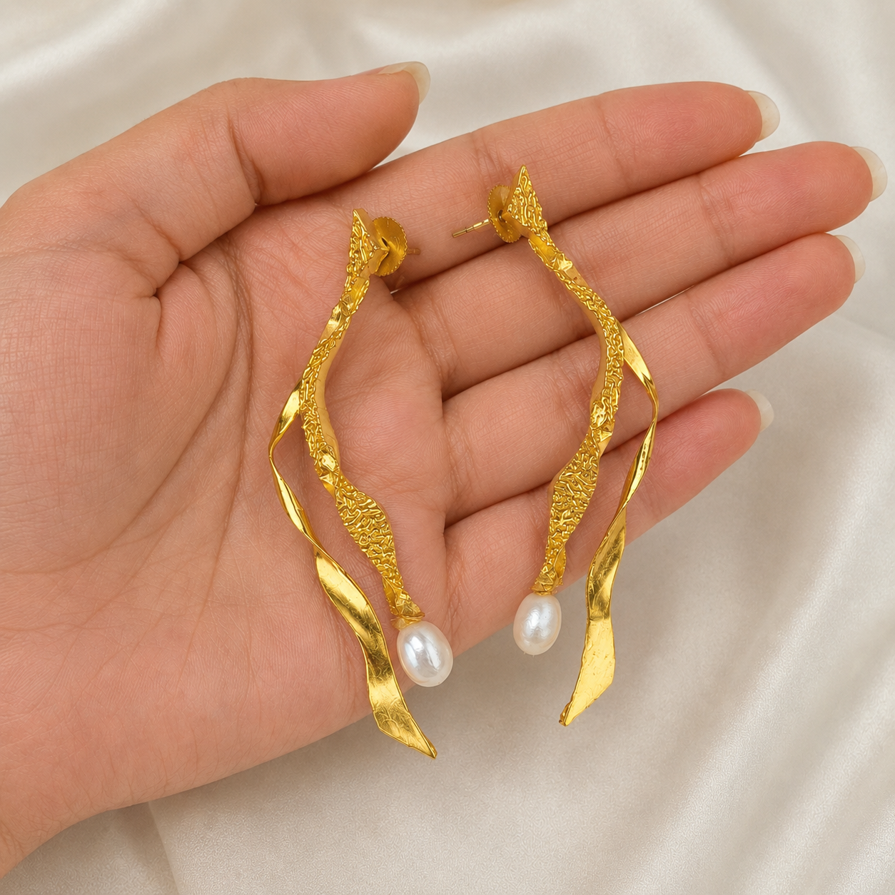 Siren Textured Pearl Drops – 18K Gold Plated Sculptural Baroque Drop Earrings