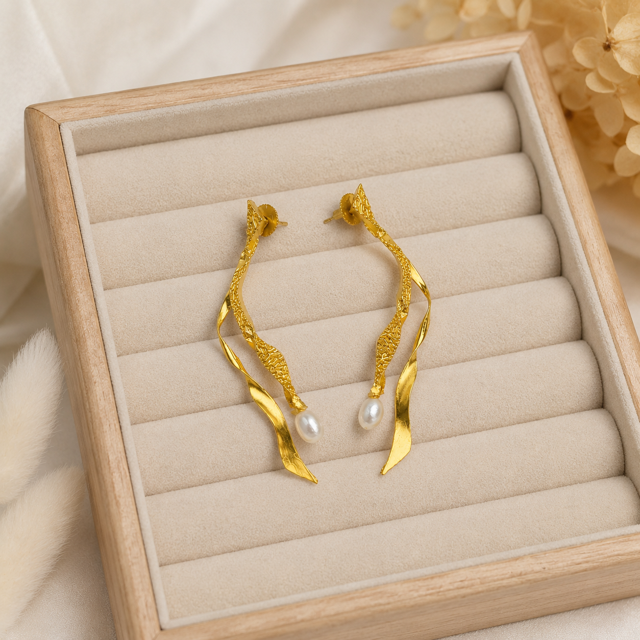 Siren Textured Pearl Drops – 18K Gold Plated Sculptural Baroque Drop Earrings