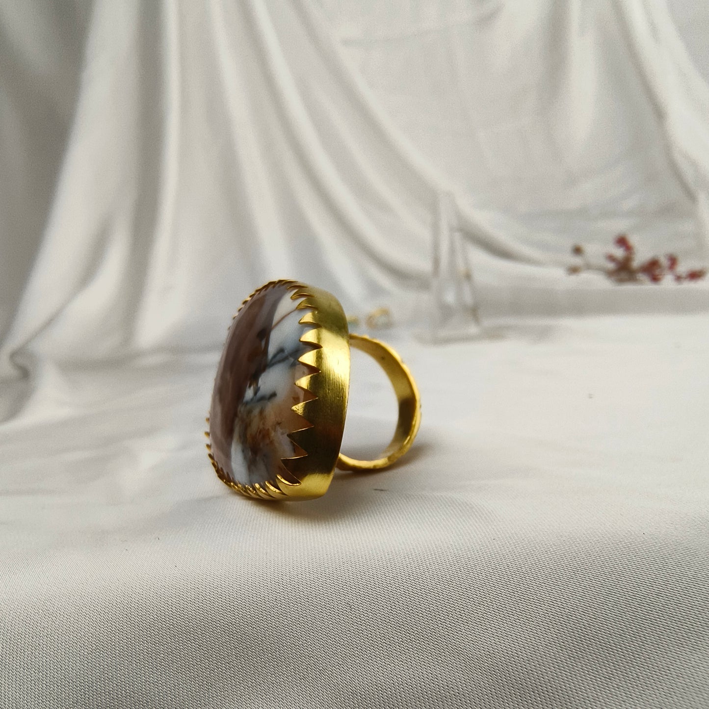 Sienna Wilderness Cocktail Ring – Gold Plated Elongated Scenic Agate Statement Ring