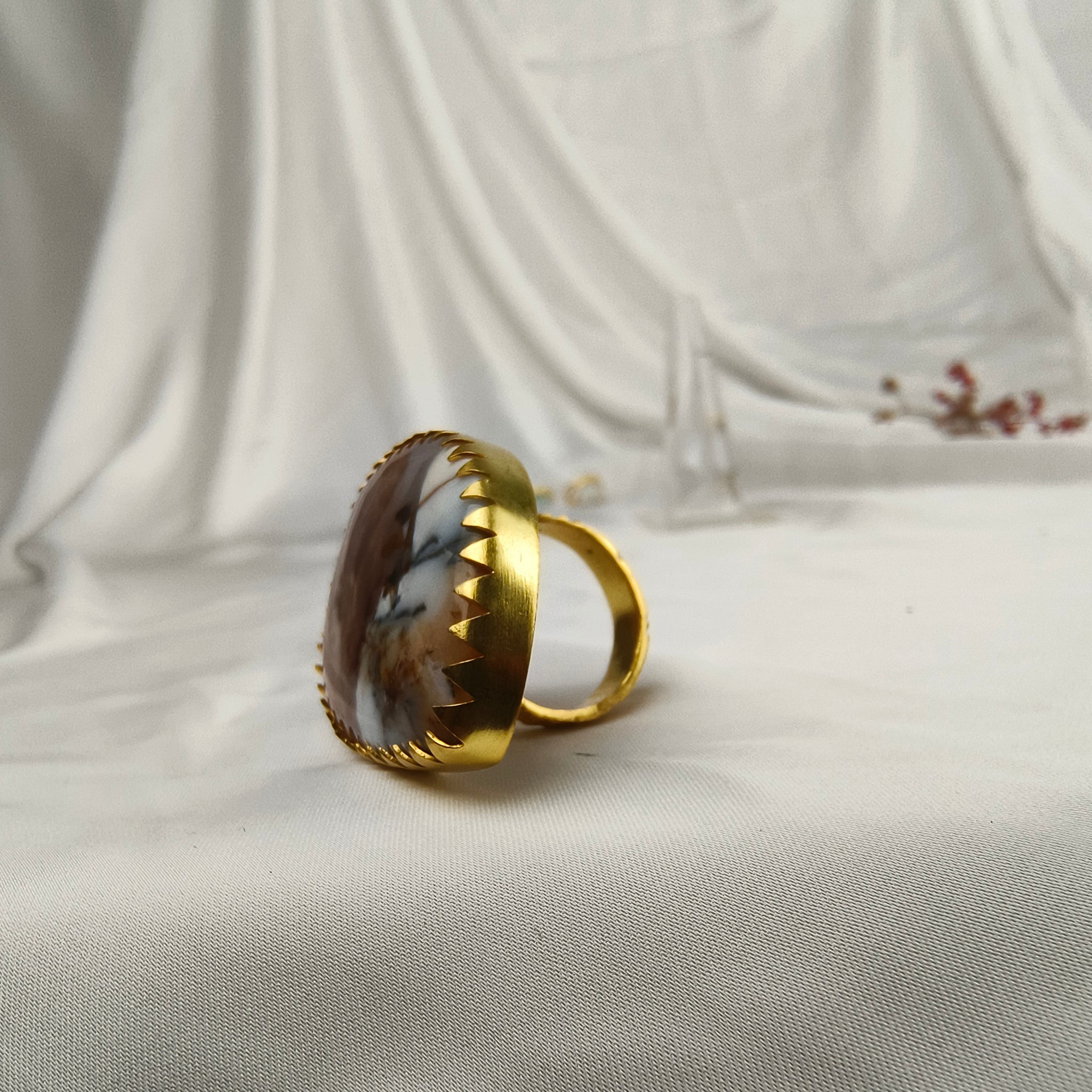 Sienna Wilderness Cocktail Ring – Gold Plated Elongated Scenic Agate Statement Ring