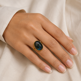 Cosmic Aura Split-Shank Signet – Gold Plated Statement Ring with Faceted Oval Labradorite