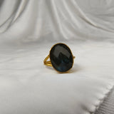 Cosmic Aura Split-Shank Signet – Gold Plated Statement Ring with Faceted Oval Labradorite
