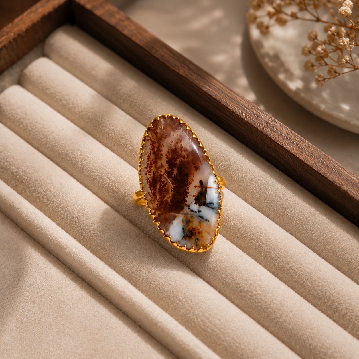 Sienna Wilderness Cocktail Ring – Gold Plated Elongated Scenic Agate Statement Ring