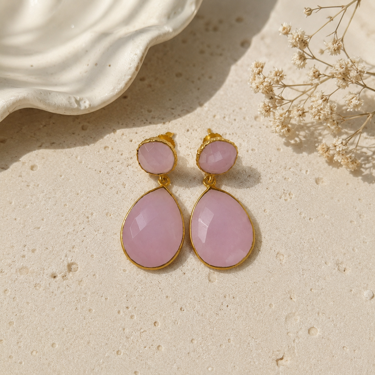 Rose Quartz Teardrop Dangles – Faceted Pastel Pink Gemstone Drop Earrings