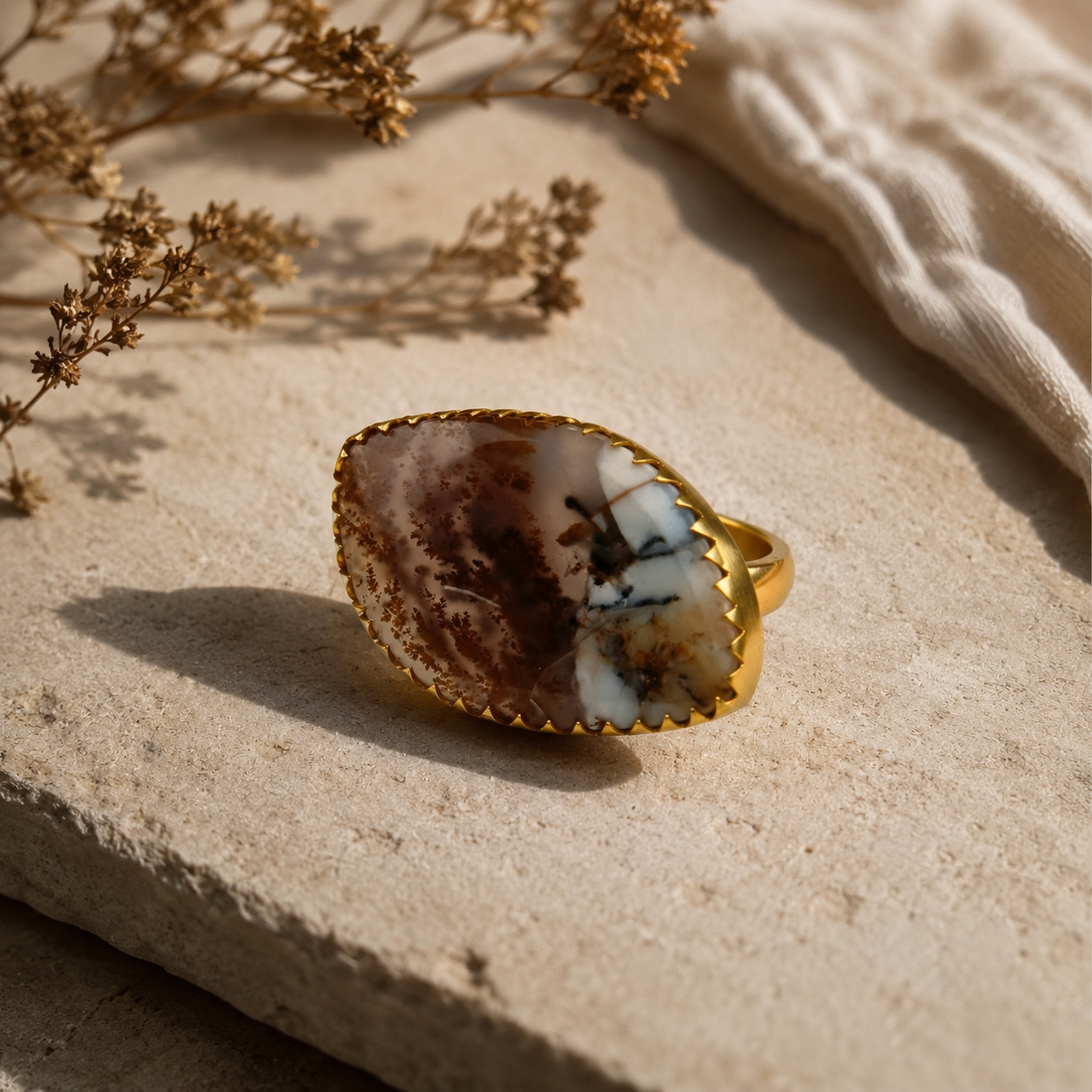 Sienna Wilderness Cocktail Ring – Gold Plated Elongated Scenic Agate Statement Ring