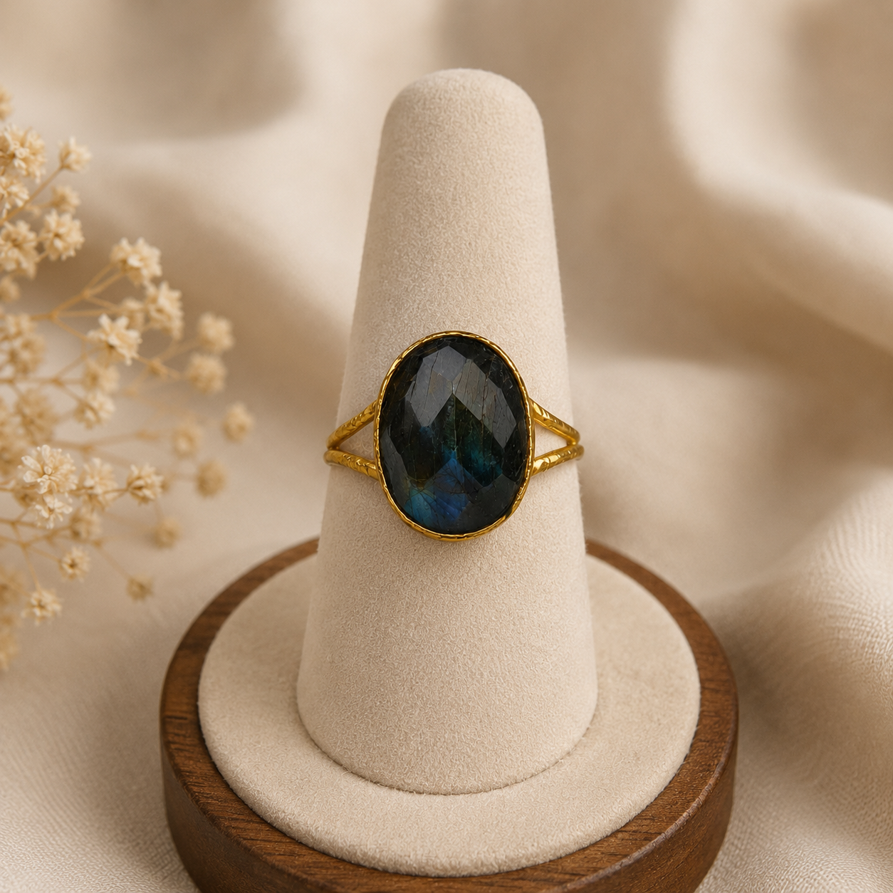 Cosmic Aura Split-Shank Signet – Gold Plated Statement Ring with Faceted Oval Labradorite