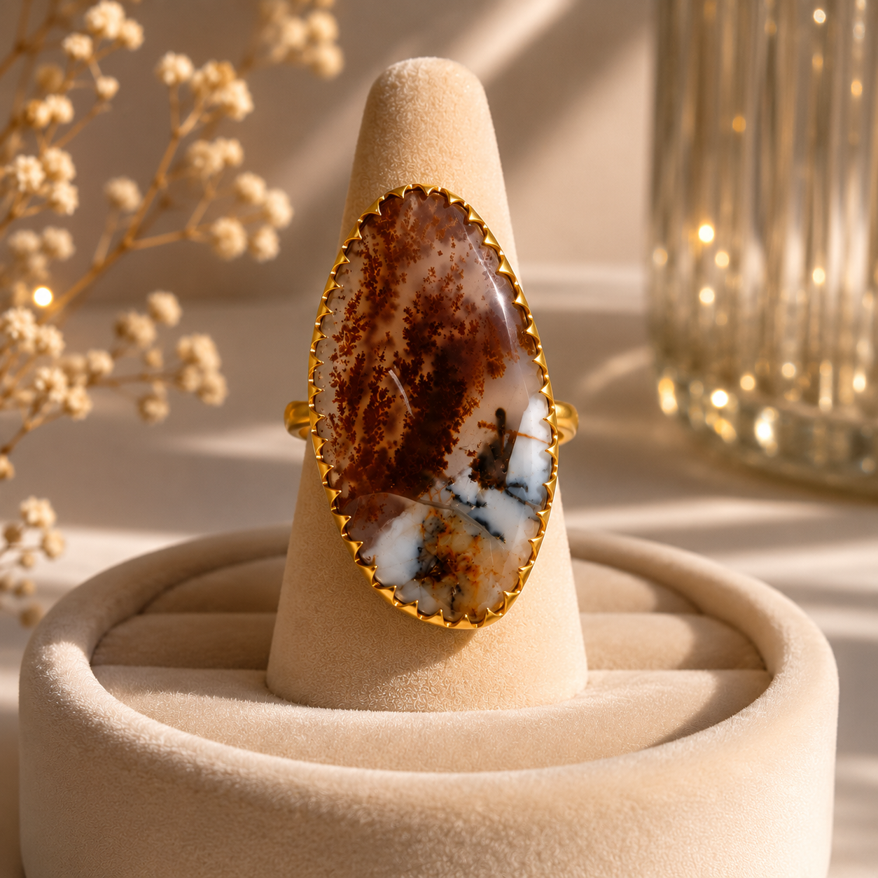 Sienna Wilderness Cocktail Ring – Gold Plated Elongated Scenic Agate Statement Ring