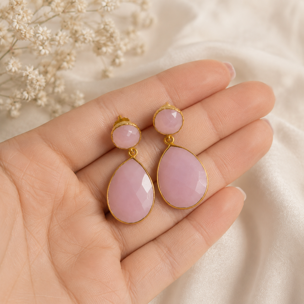 Rose Quartz Teardrop Dangles – Faceted Pastel Pink Gemstone Drop Earrings