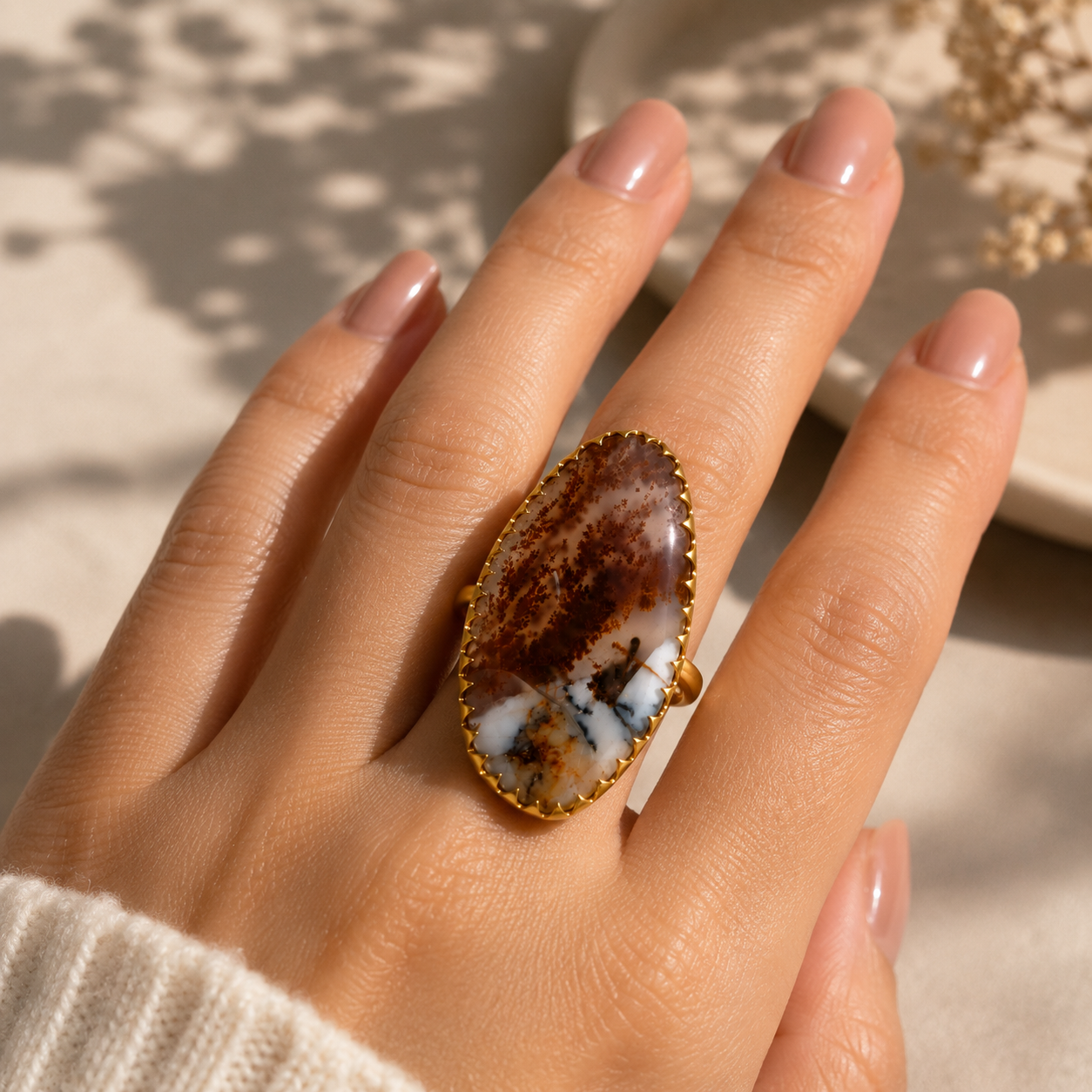 Sienna Wilderness Cocktail Ring – Gold Plated Elongated Scenic Agate Statement Ring