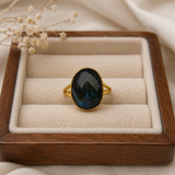 Cosmic Aura Split-Shank Signet – Gold Plated Statement Ring with Faceted Oval Labradorite