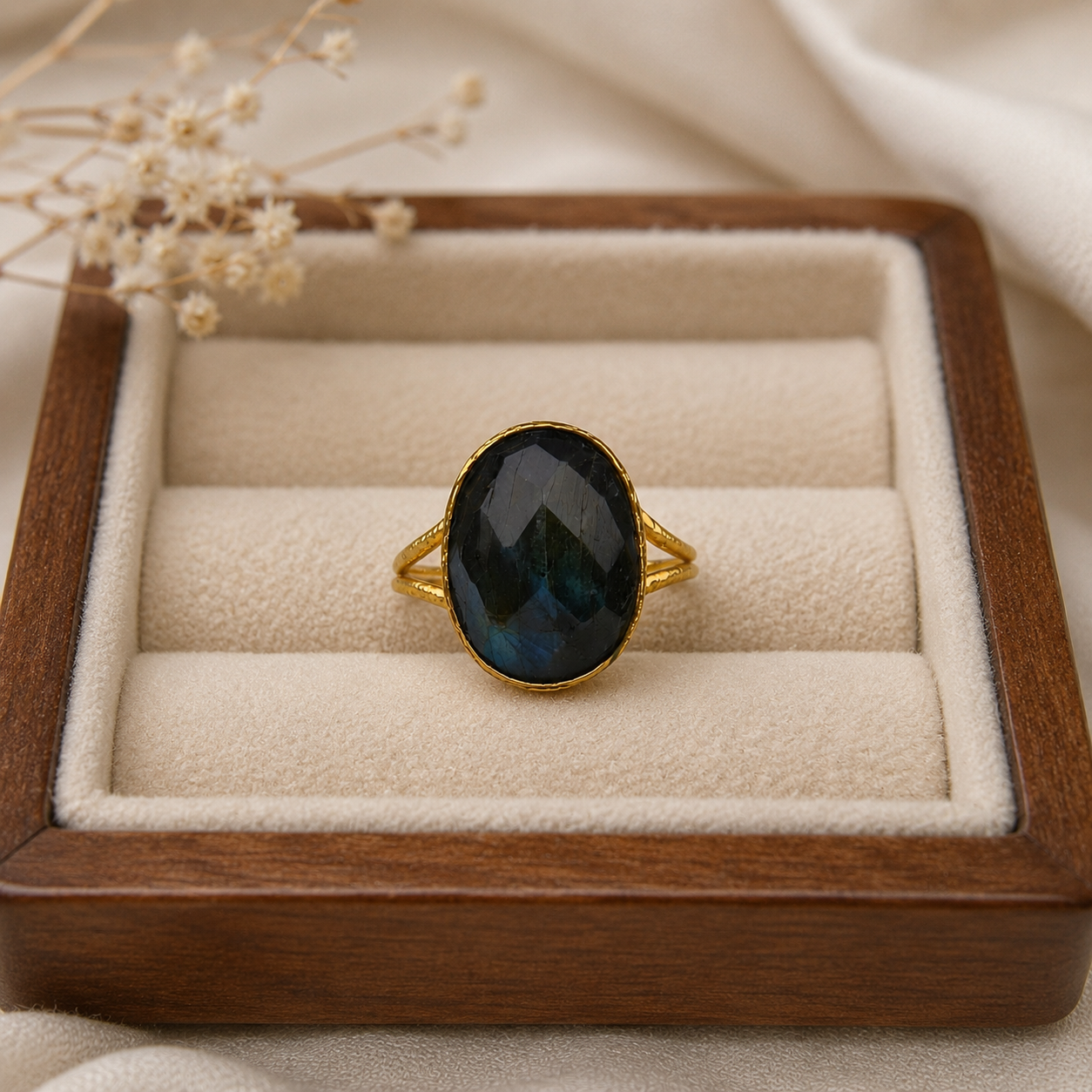 Cosmic Aura Split-Shank Signet – Gold Plated Statement Ring with Faceted Oval Labradorite