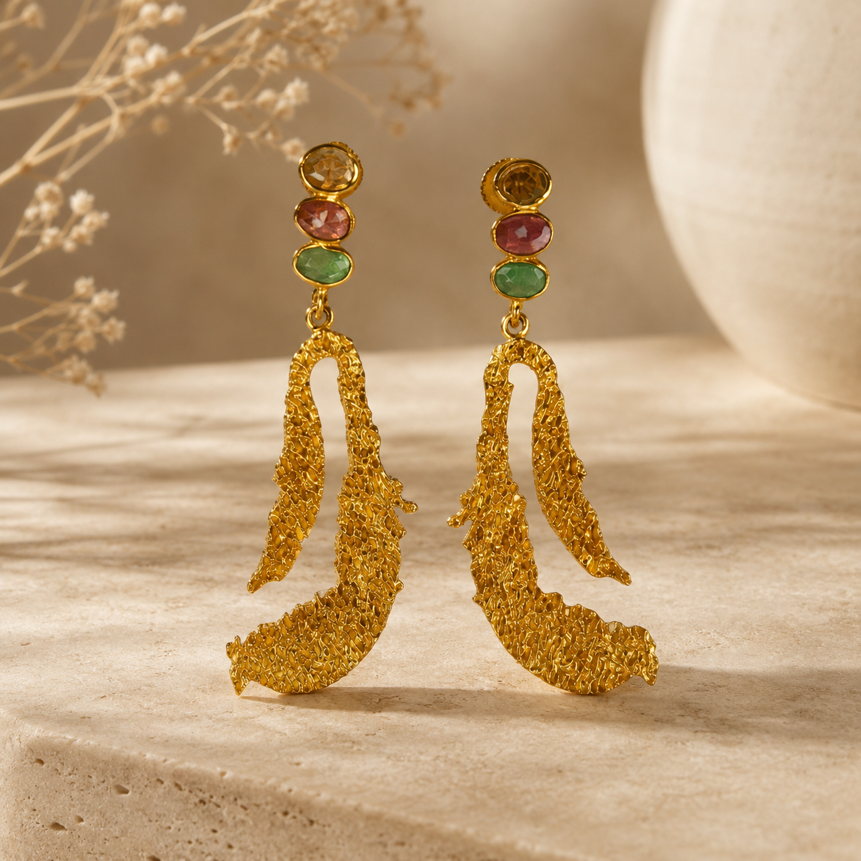 Tourmaline Trio Abstract Loop Drops – 18K Gold Plated Textured Statement Earrings