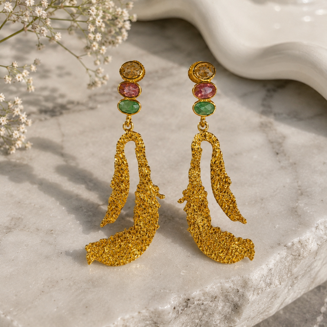 Tourmaline Trio Abstract Loop Drops – 18K Gold Plated Textured Statement Earrings