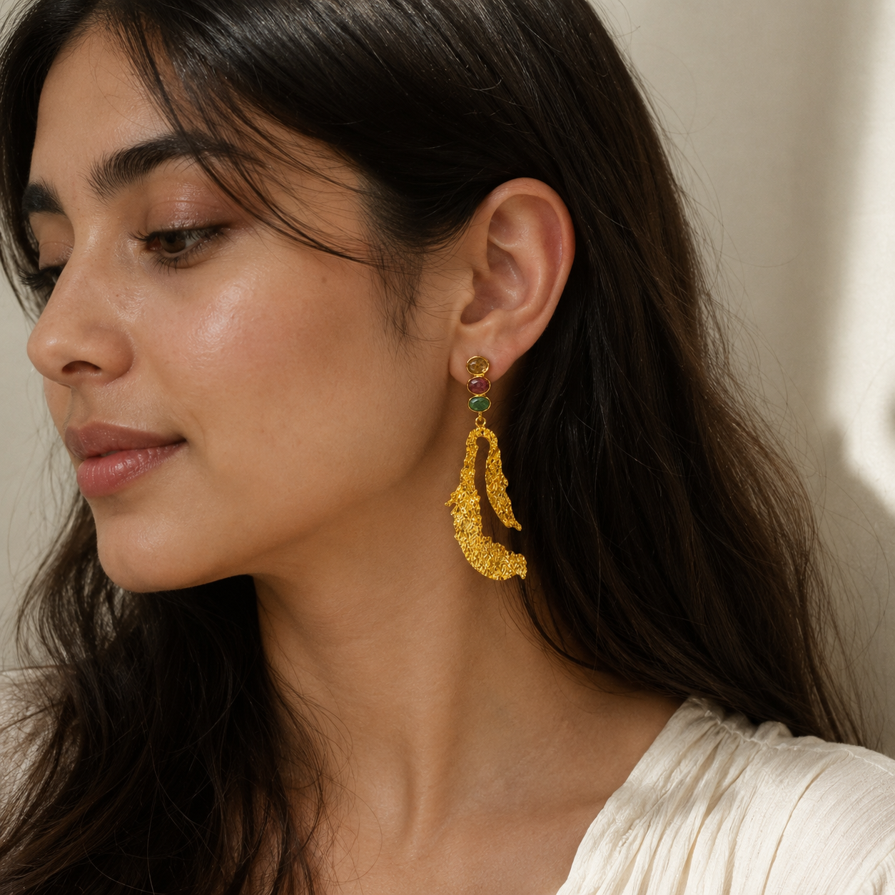 Tourmaline Trio Abstract Loop Drops – 18K Gold Plated Textured Statement Earrings