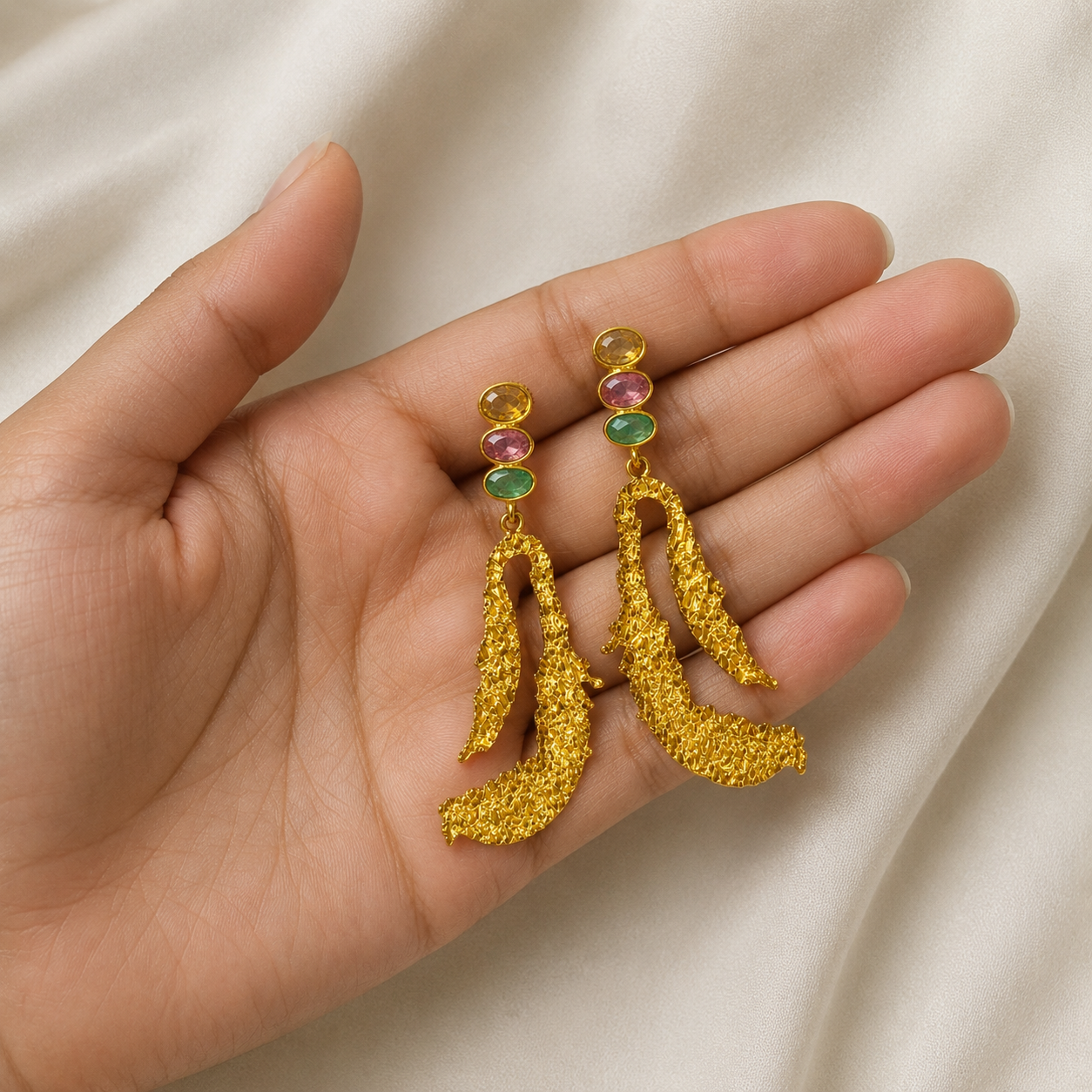 Tourmaline Trio Abstract Loop Drops – 18K Gold Plated Textured Statement Earrings