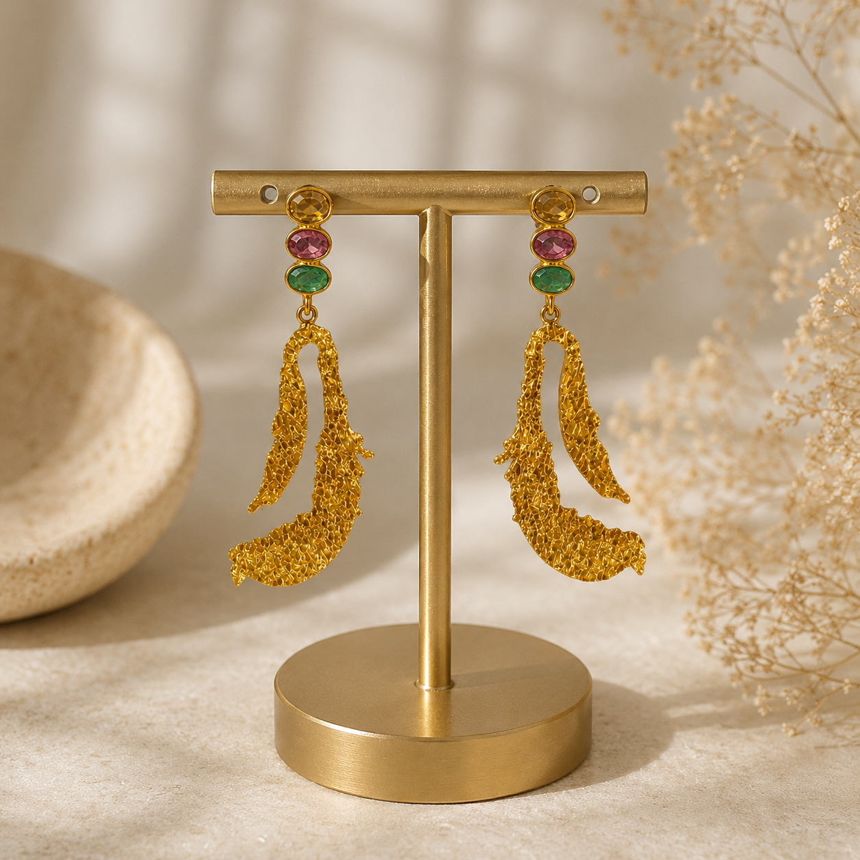 Tourmaline Trio Abstract Loop Drops – 18K Gold Plated Textured Statement Earrings