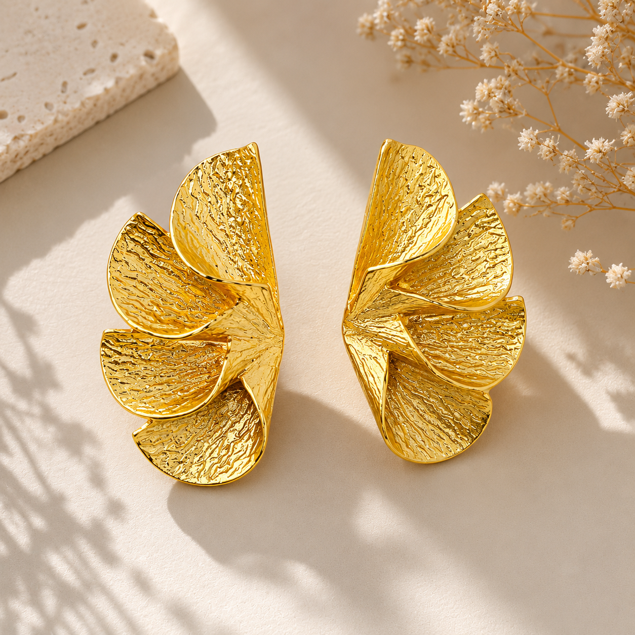 Gilded Wing Statement Studs – Textured Gold Plated Fan Drop Earrings