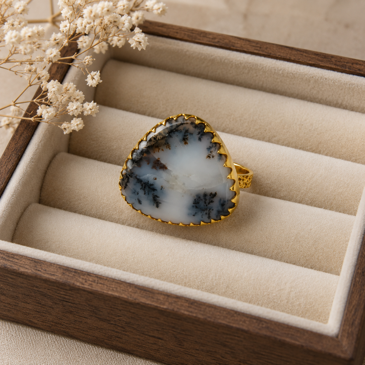 Dendritic Alpine Triangle Ring – Gold Plated Agate Shield Statement Ring