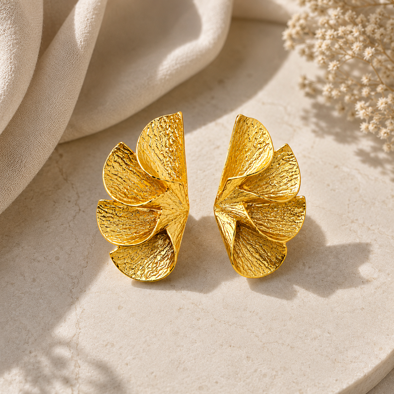 Gilded Wing Statement Studs – Textured Gold Plated Fan Drop Earrings