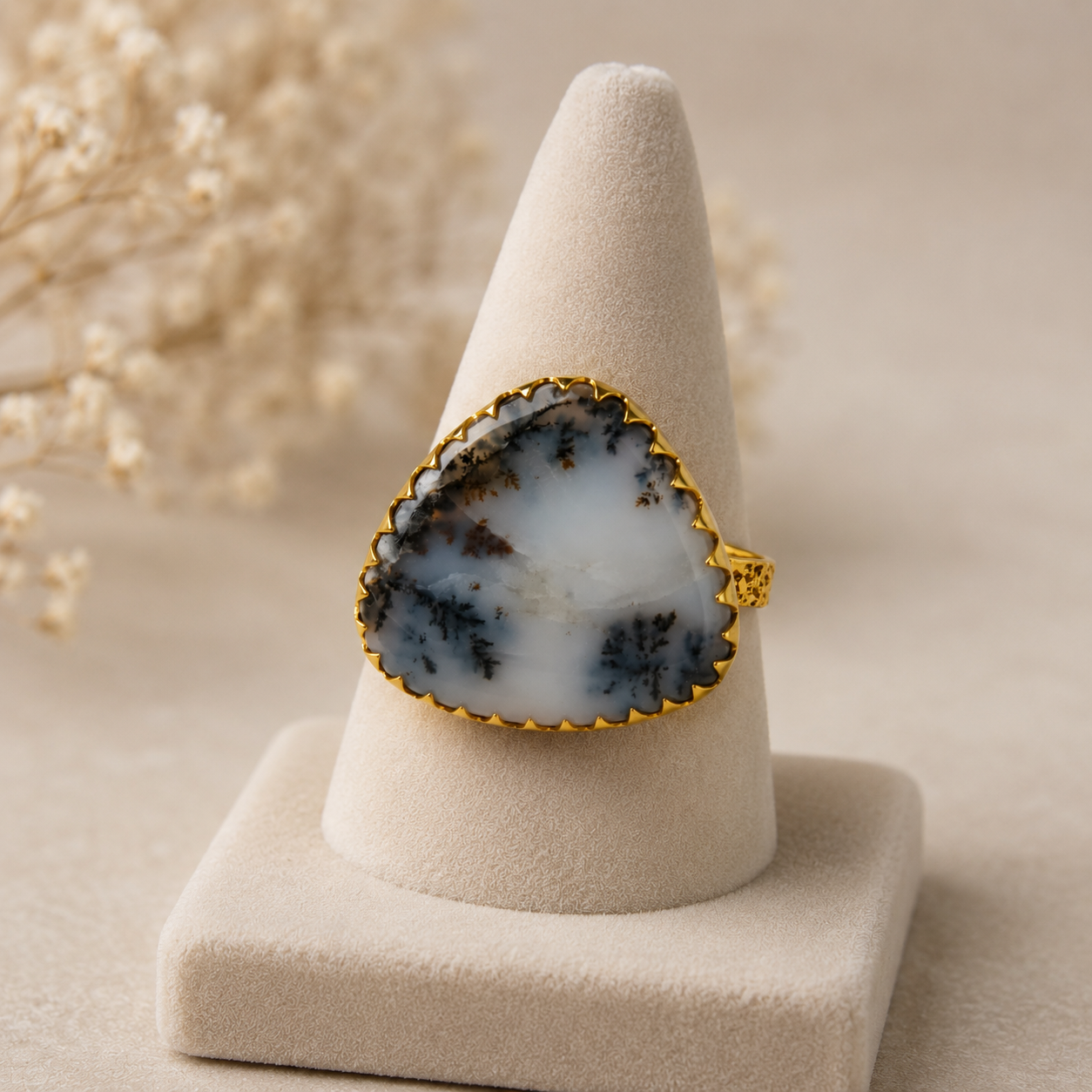 Dendritic Alpine Triangle Ring – Gold Plated Agate Shield Statement Ring