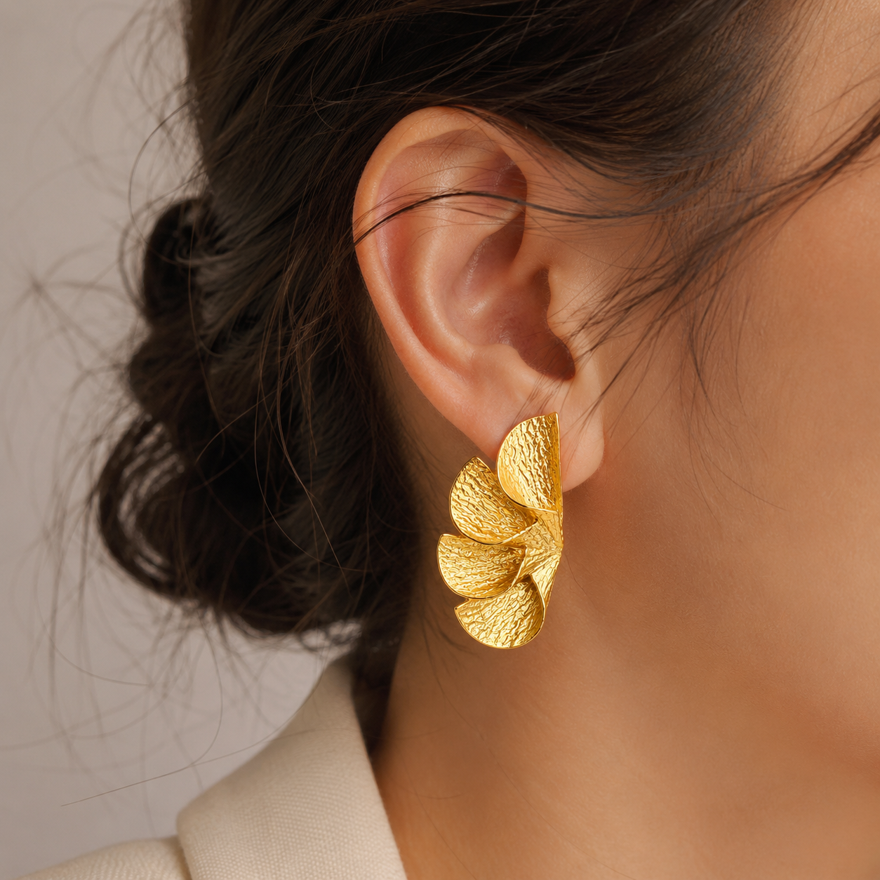 Gilded Wing Statement Studs – Textured Gold Plated Fan Drop Earrings