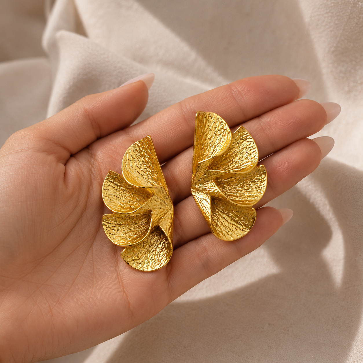 Gilded Wing Statement Studs – Textured Gold Plated Fan Drop Earrings