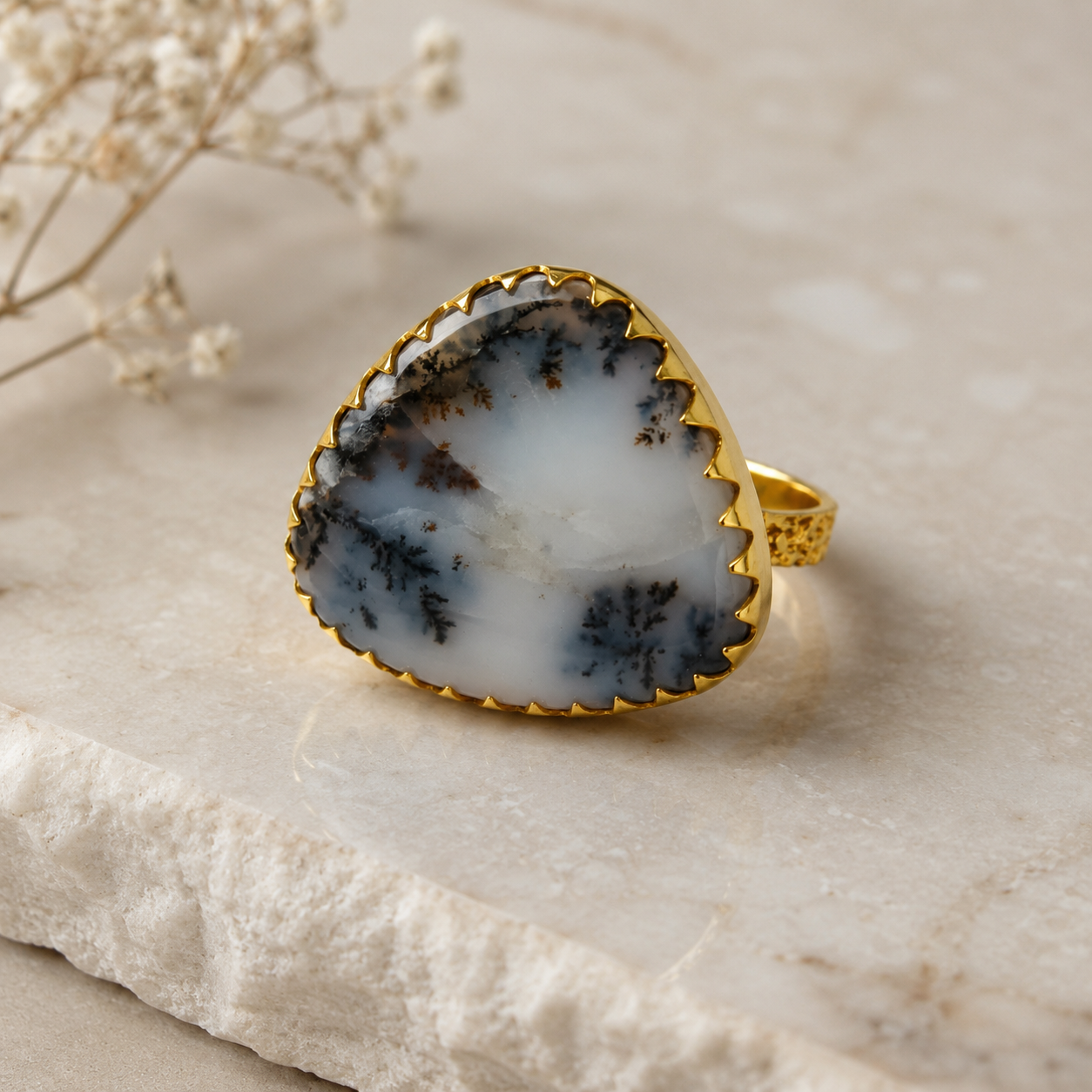Dendritic Alpine Triangle Ring – Gold Plated Agate Shield Statement Ring