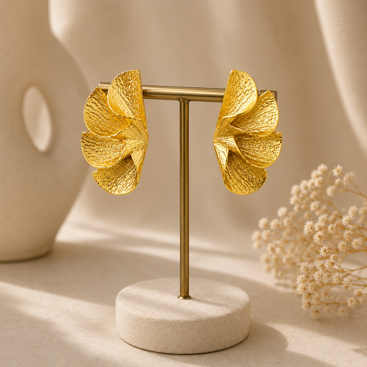 Gilded Wing Statement Studs – Textured Gold Plated Fan Drop Earrings