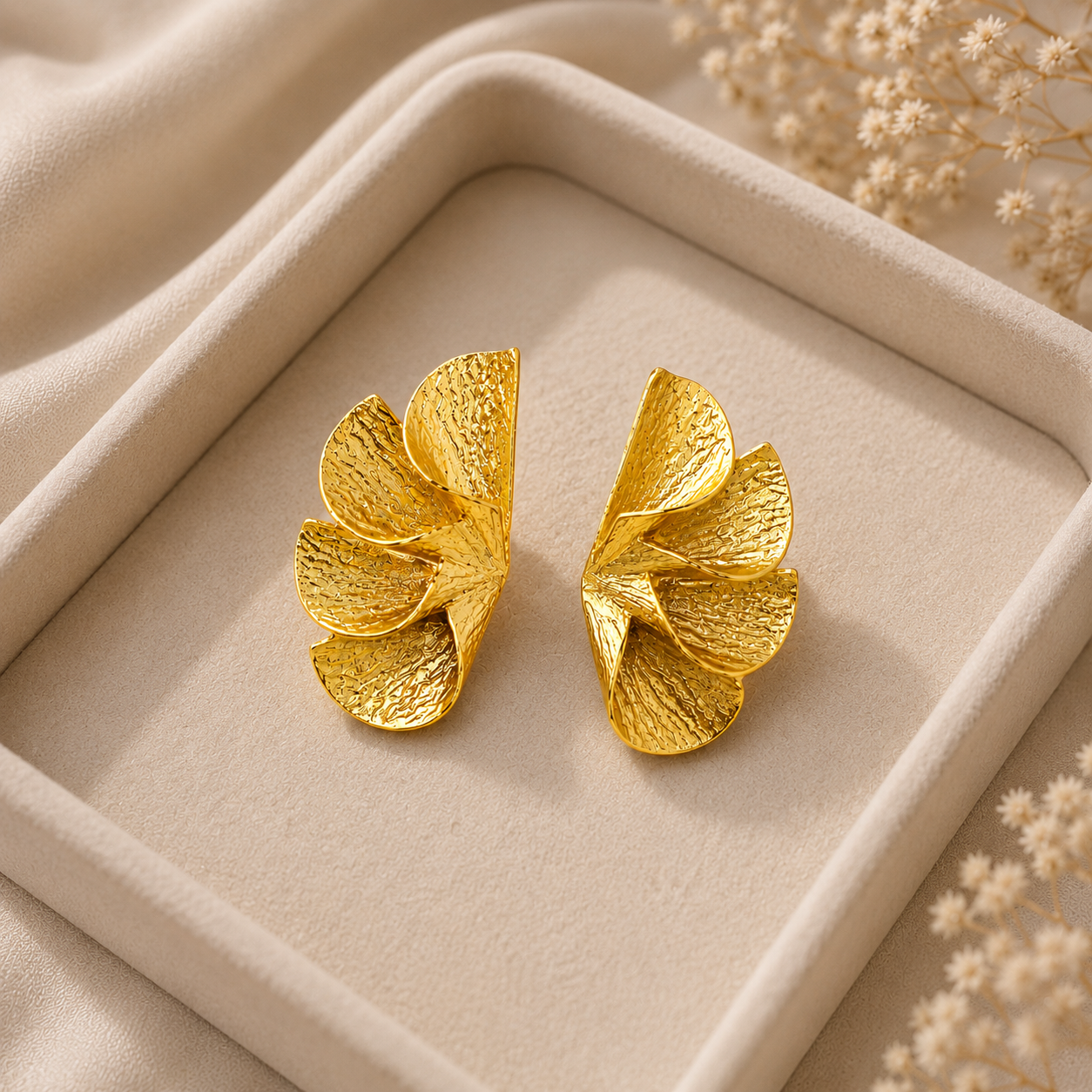 Gilded Wing Statement Studs – Textured Gold Plated Fan Drop Earrings