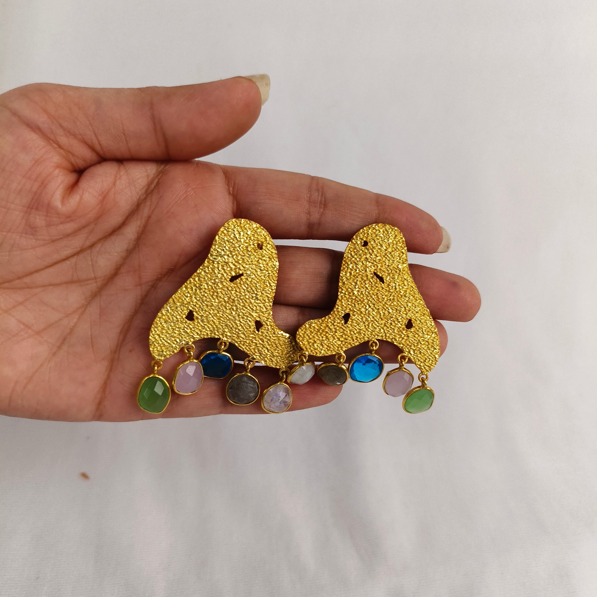 Textured Horizon Multi-Gem Dangles – Sculptural Gold Plated Statement Earrings