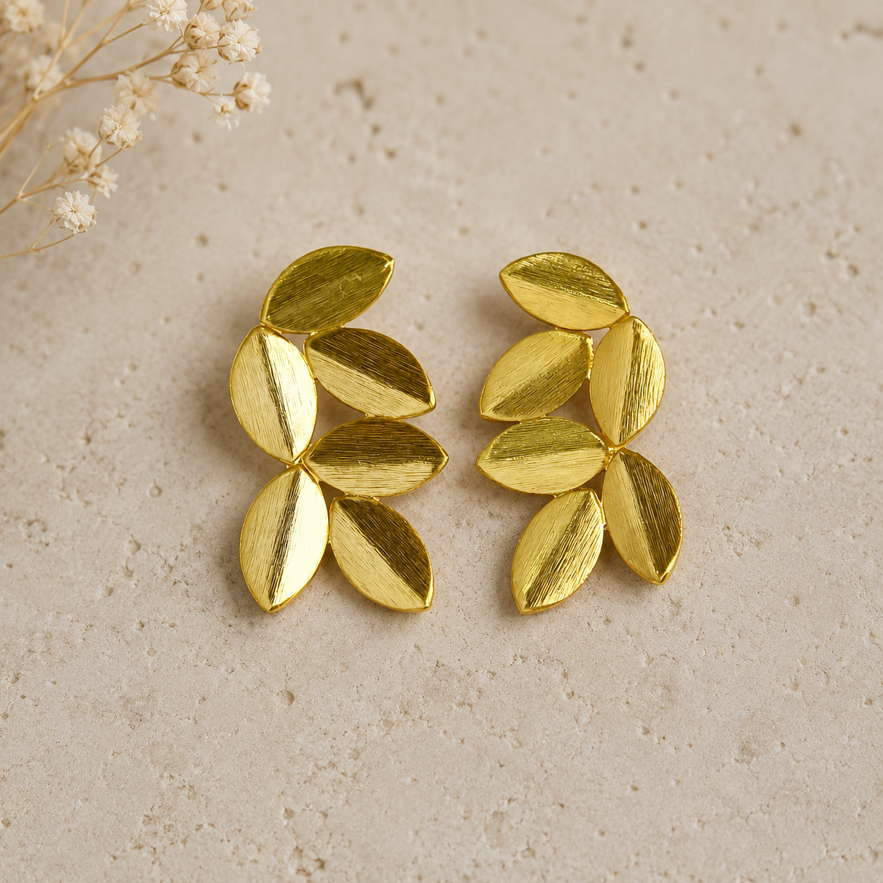 Gilded Laurel Leaf Studs – Brushed Gold Botanical Statement Earrings