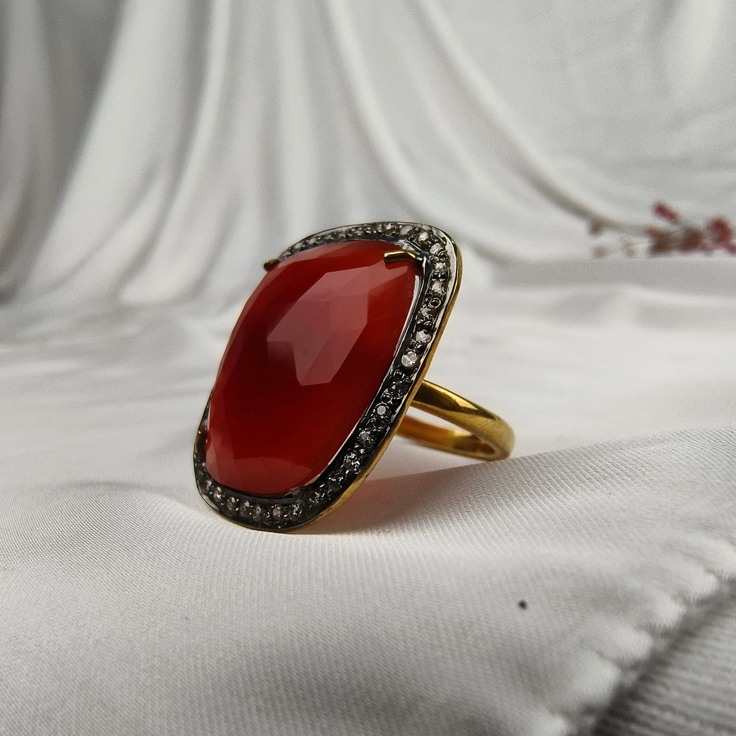 Imperial Ruby Halo Statement Ring – Gold Plated Cushion Cocktail Ring
