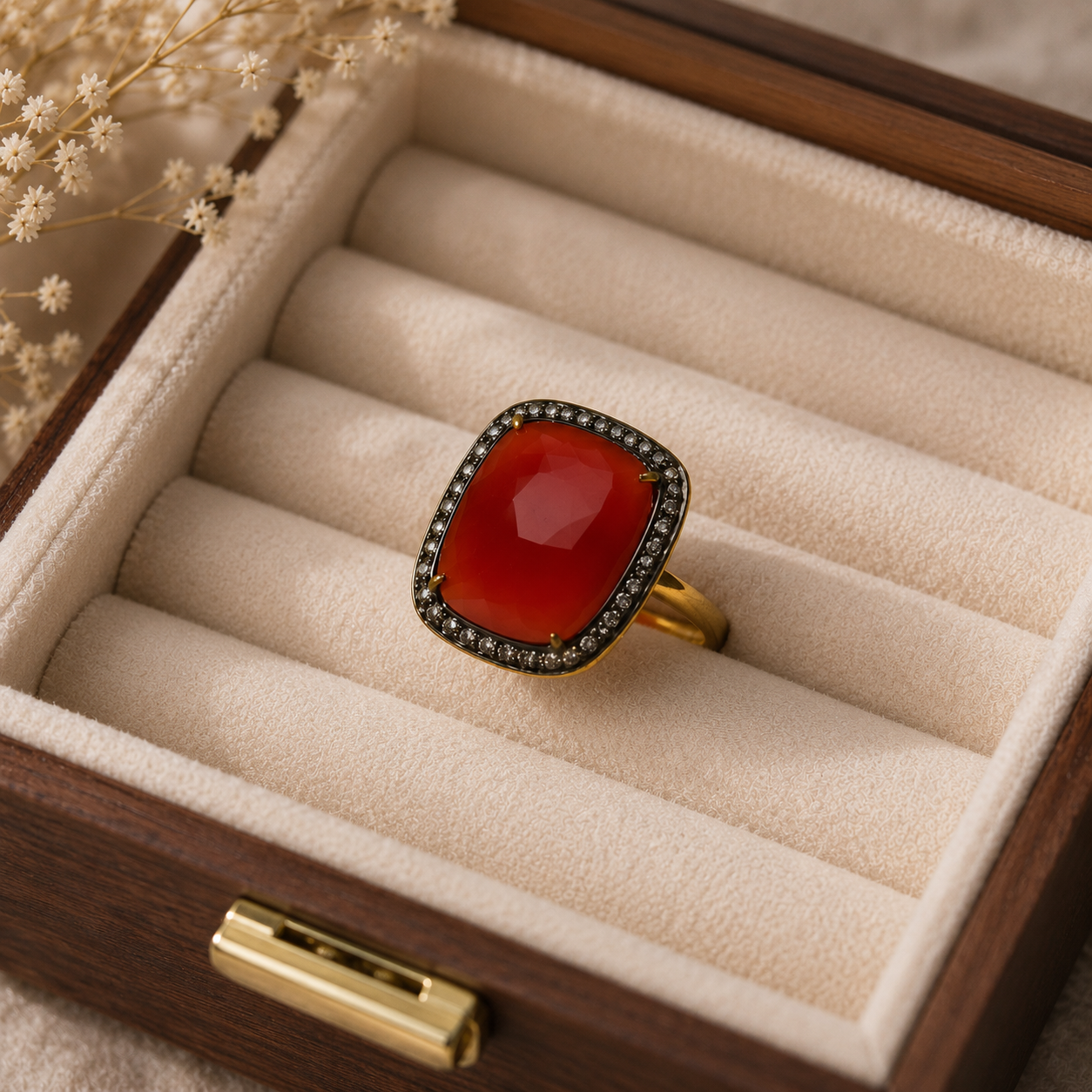 Imperial Ruby Halo Statement Ring – Gold Plated Cushion Cocktail Ring