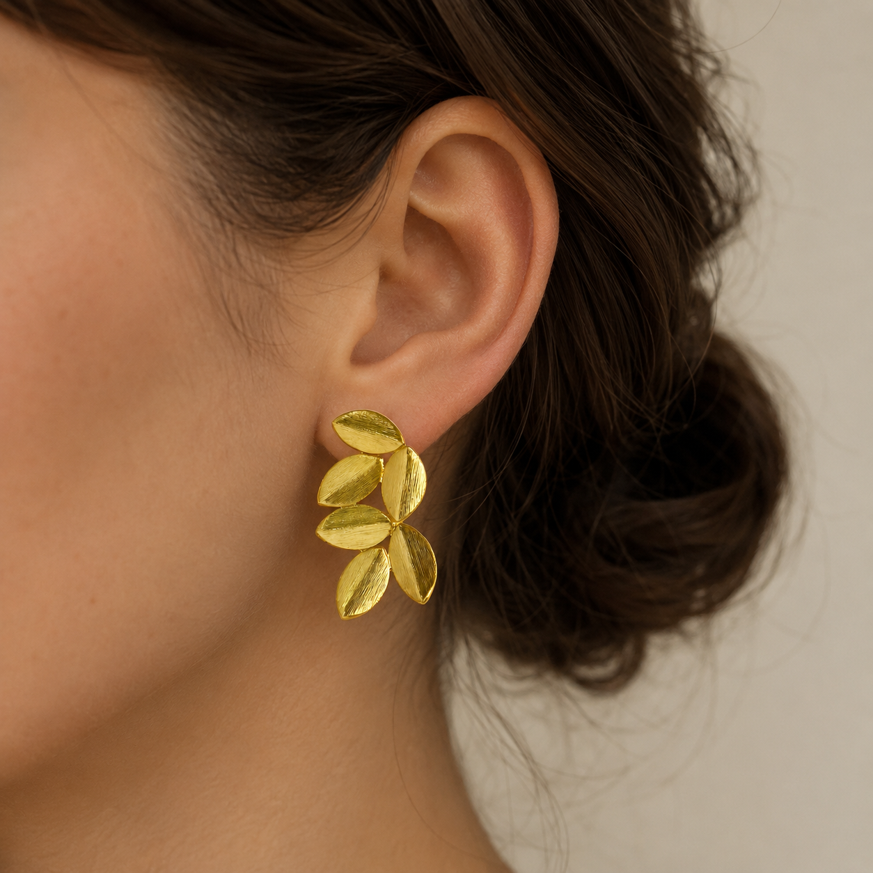 Gilded Laurel Leaf Studs – Brushed Gold Botanical Statement Earrings