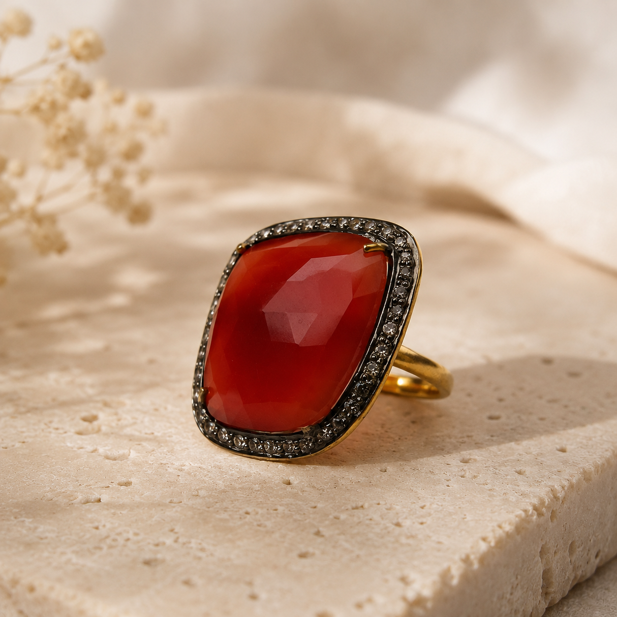 Imperial Ruby Halo Statement Ring – Gold Plated Cushion Cocktail Ring