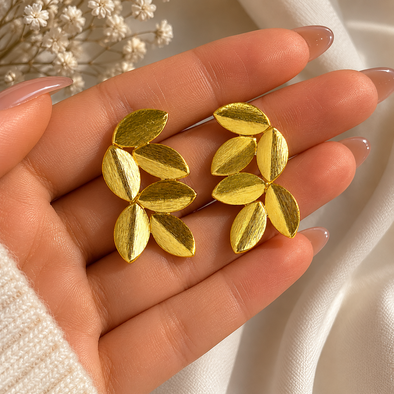 Gilded Laurel Leaf Studs – Brushed Gold Botanical Statement Earrings