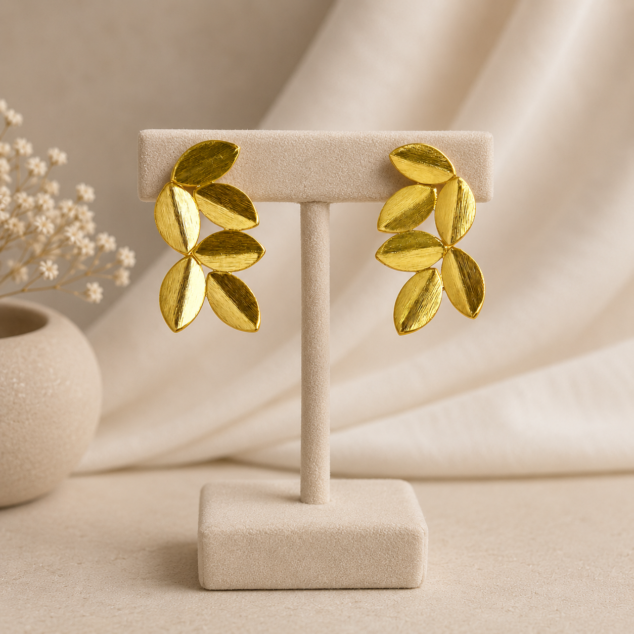 Gilded Laurel Leaf Studs – Brushed Gold Botanical Statement Earrings