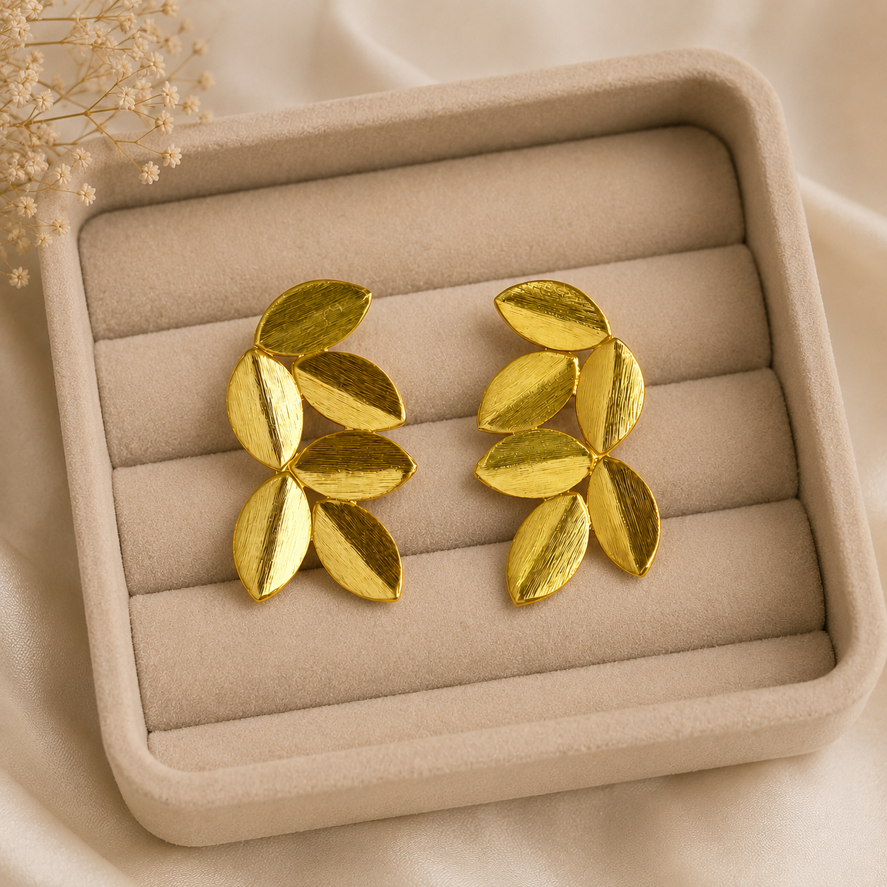 Gilded Laurel Leaf Studs – Brushed Gold Botanical Statement Earrings