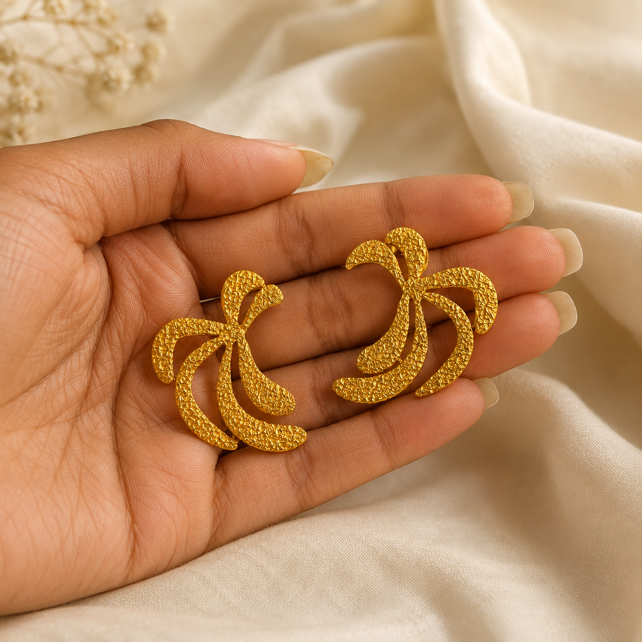 Abstract Textured Palm Studs – Sculptural Metallic Statement Earrings