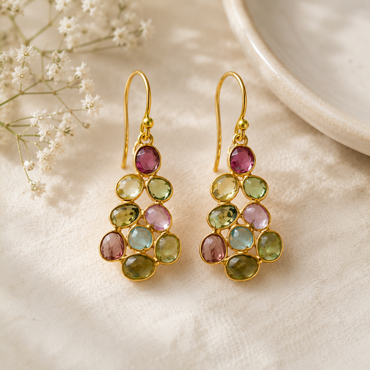 Tourmaline Matrix Cluster Drops – Gold Plated Multi-Gemstone Statement Earrings