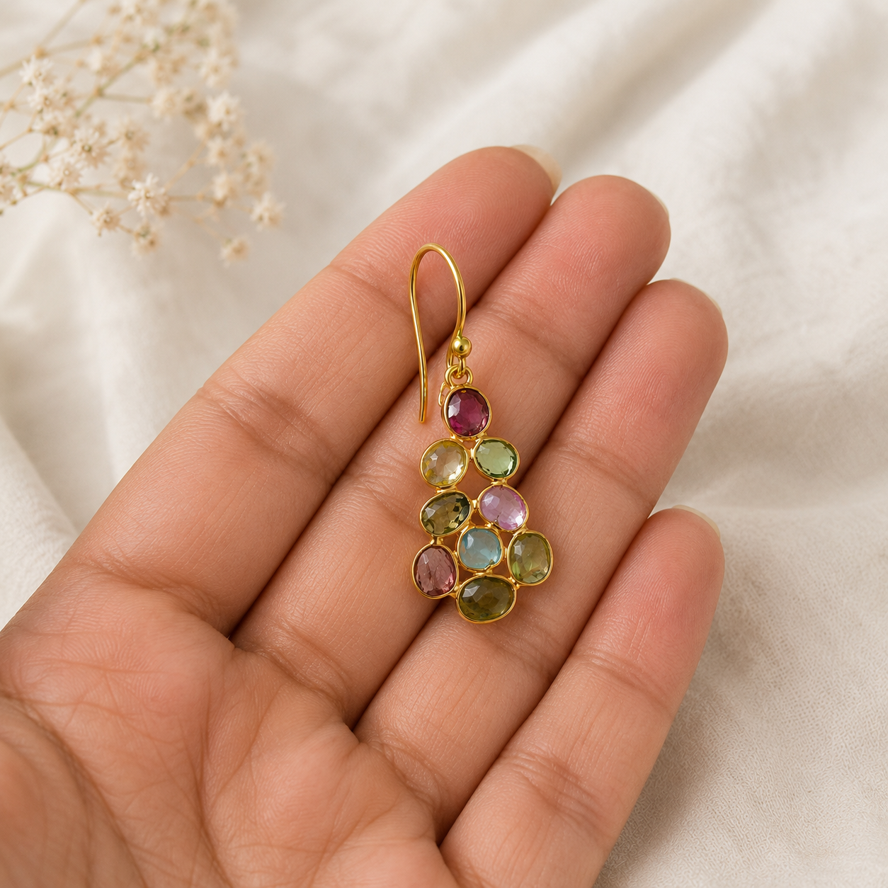 Tourmaline Matrix Cluster Drops – Gold Plated Multi-Gemstone Statement Earrings