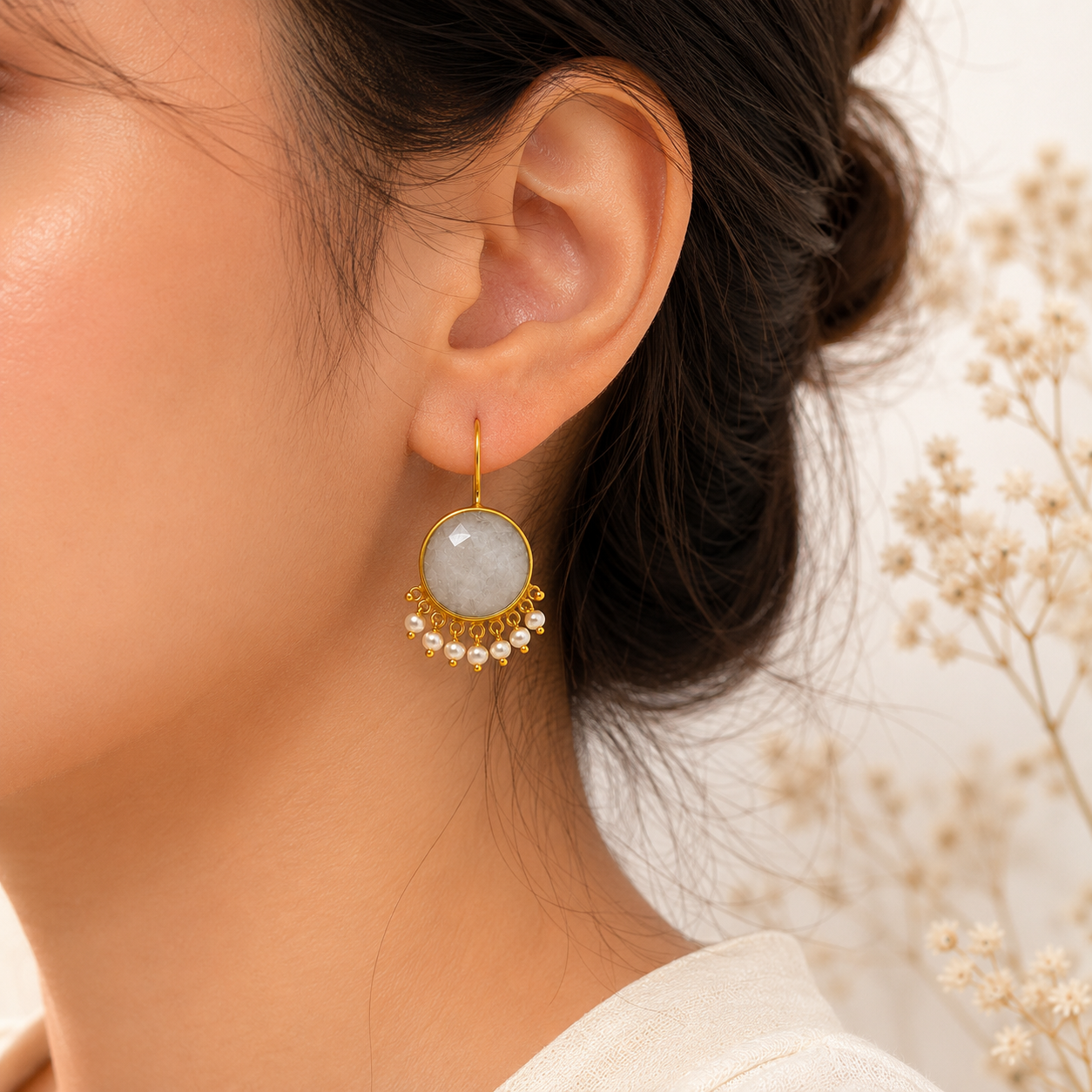 Radiant Sunburst Statement Drops – Gold Plated Solar Quartz & Pearl Fringe Earrings