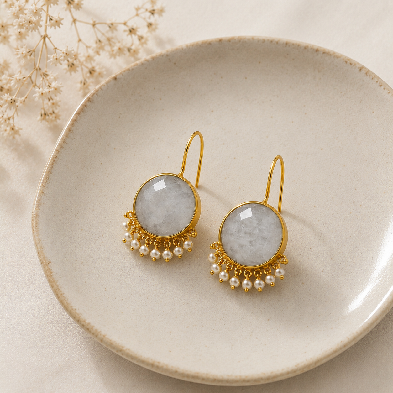 Radiant Sunburst Statement Drops – Gold Plated Solar Quartz & Pearl Fringe Earrings