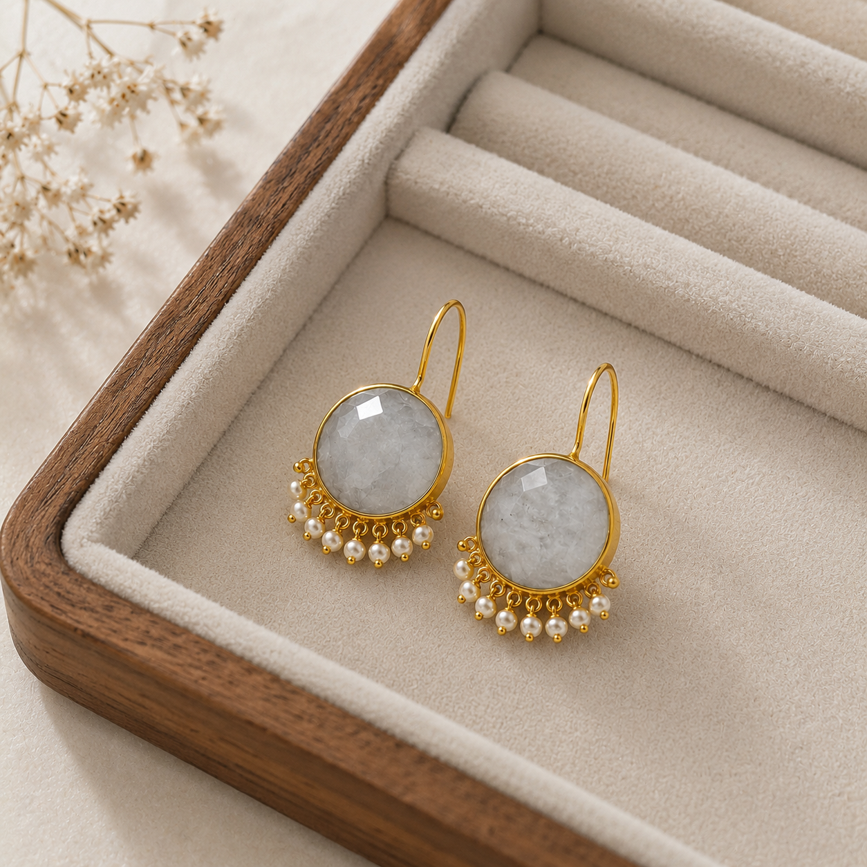Radiant Sunburst Statement Drops – Gold Plated Solar Quartz & Pearl Fringe Earrings