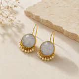 Radiant Sunburst Statement Drops – Gold Plated Solar Quartz & Pearl Fringe Earrings