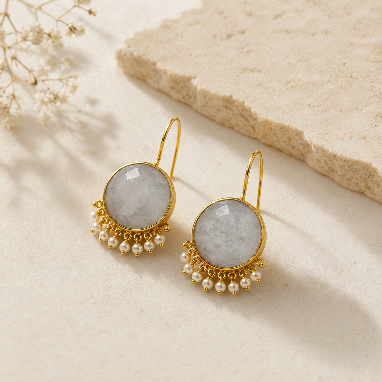 Radiant Sunburst Statement Drops – Gold Plated Solar Quartz & Pearl Fringe Earrings